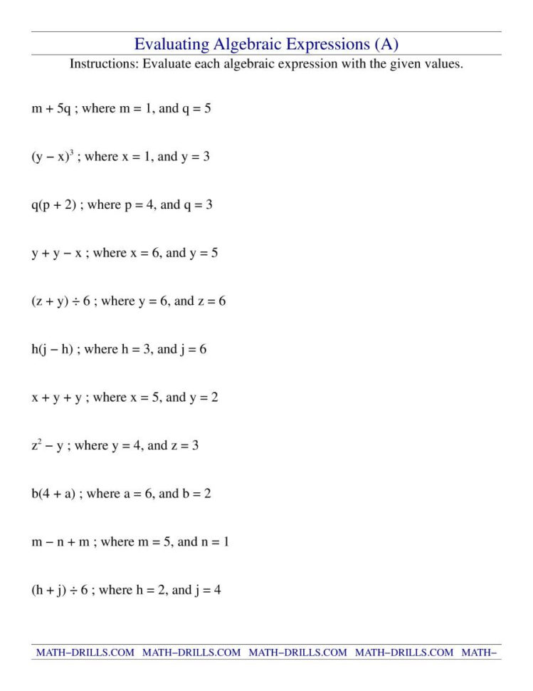 Evaluating Algebraic Expressions A