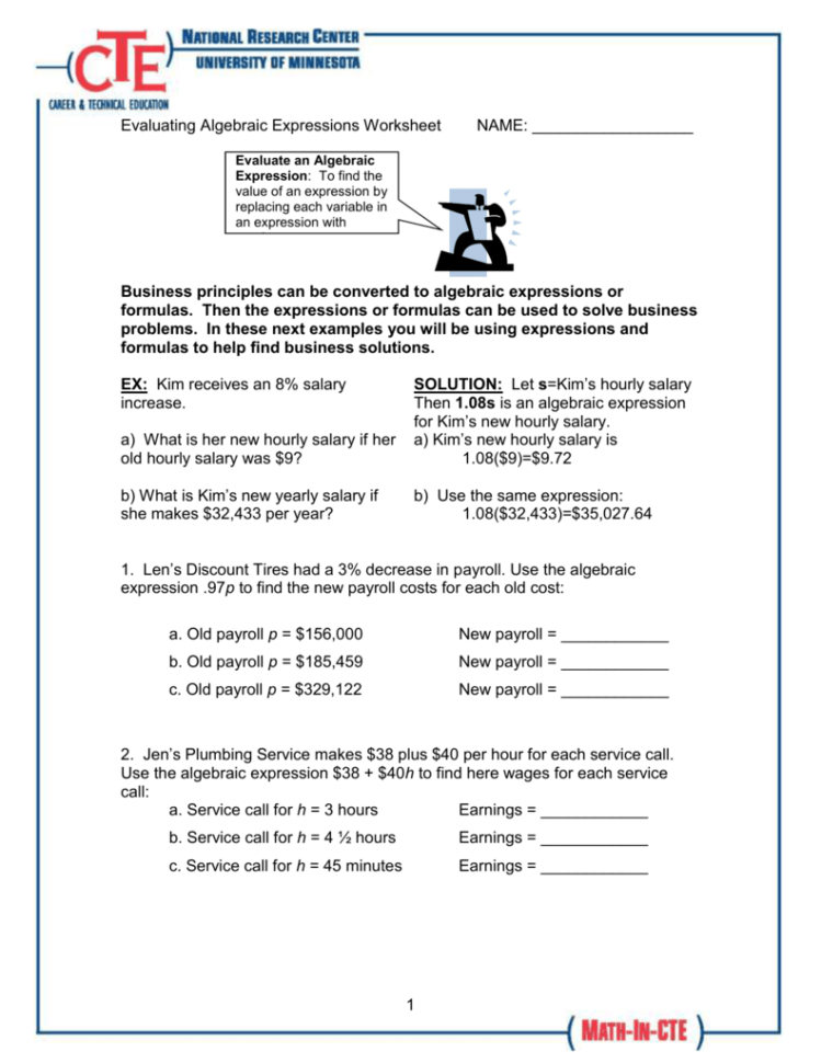 Evaluating Algebraic Expressions Worksheet