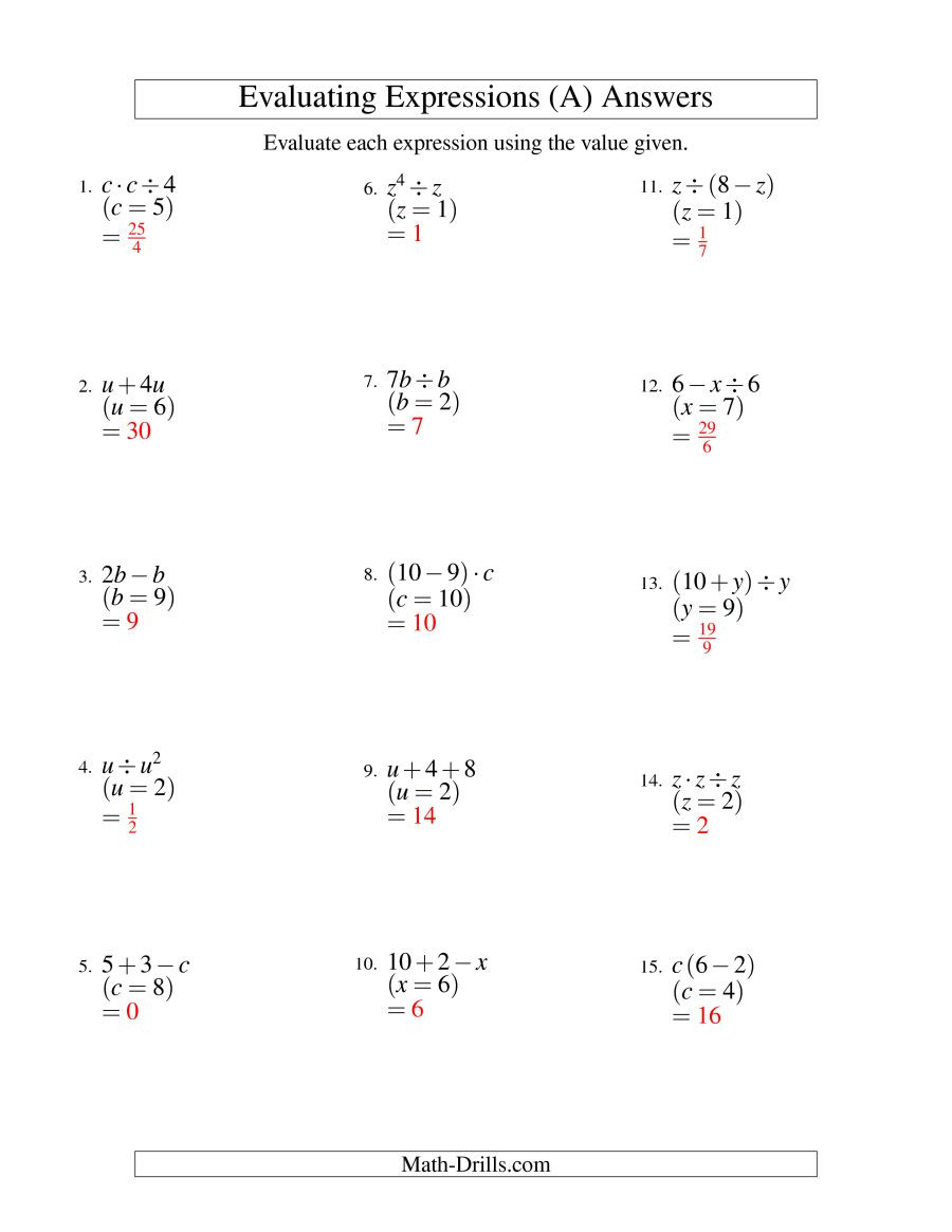 Evaluating Expressions Worksheet 2018 Following Directions