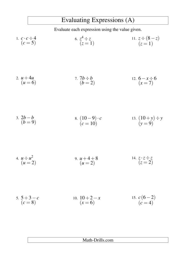 Evaluating Twostep Algebraic Expressions With One Variable A