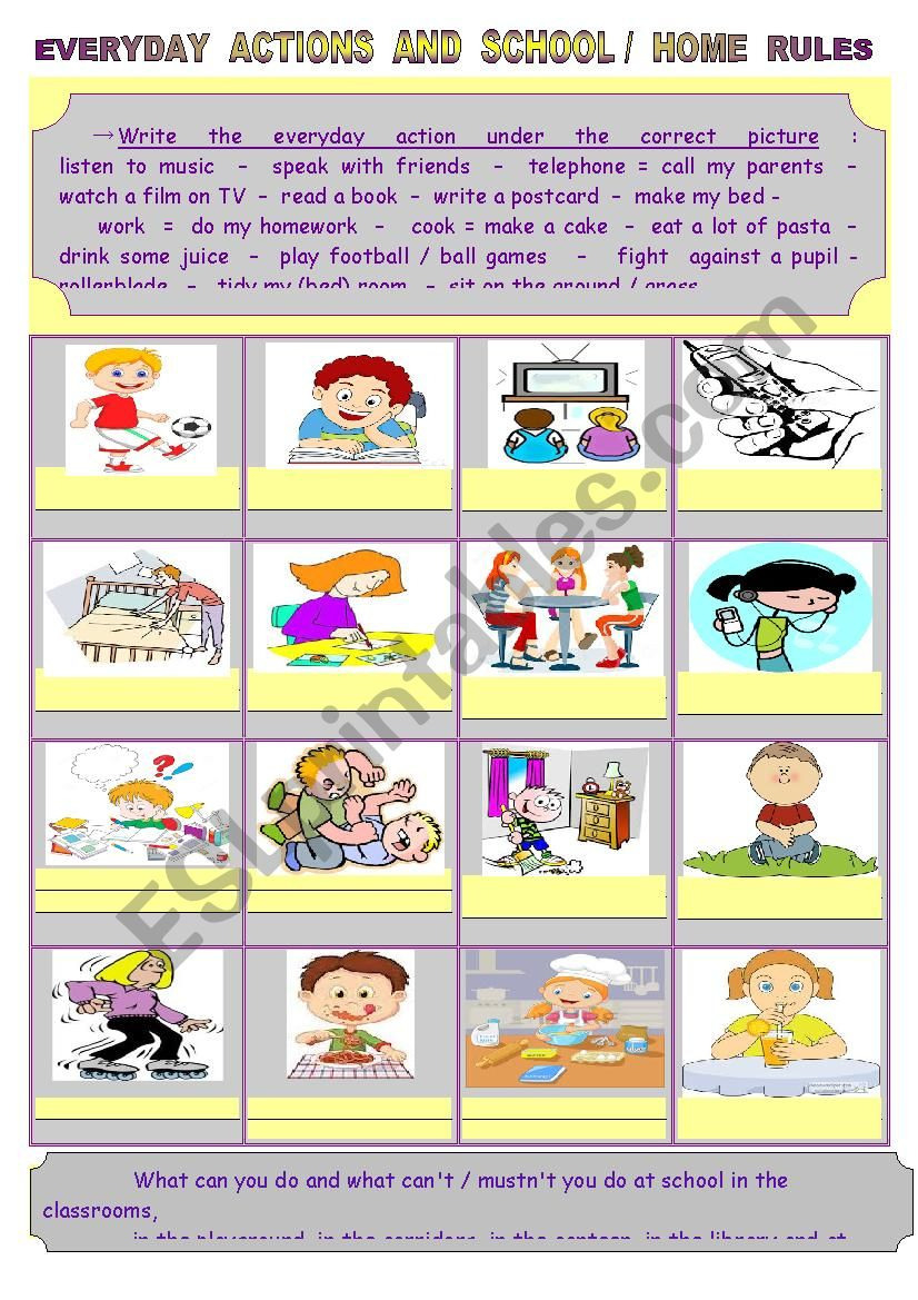 Everyday Actions  School And Home Rules  Esl Worksheet