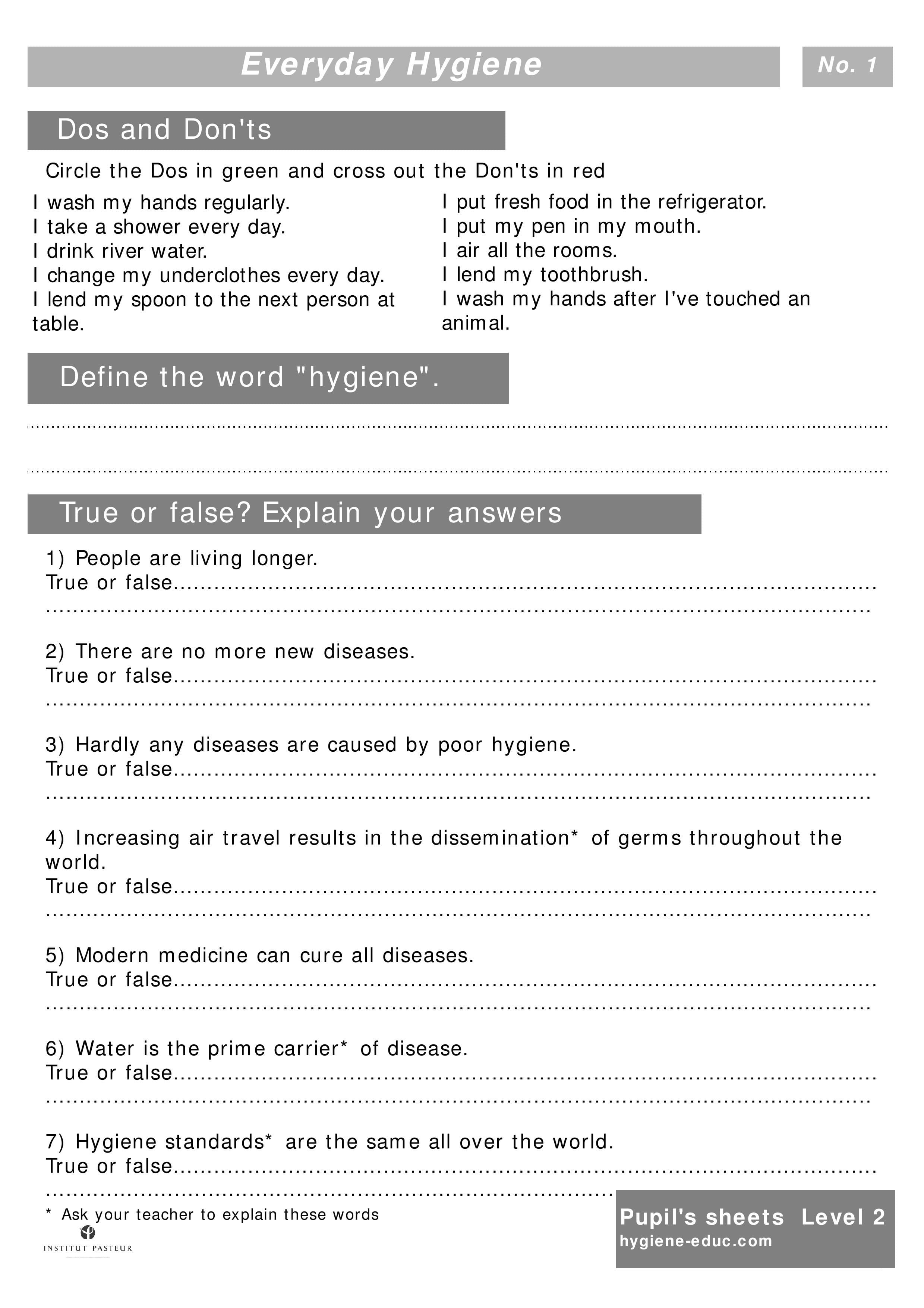 Everyday Hygiene Worksheets For Kids Level 2  Personal Hygiene
