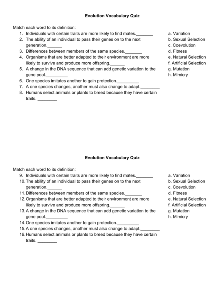 Evolution Vocabulary Quiz Match Each Word To Its Definition 1