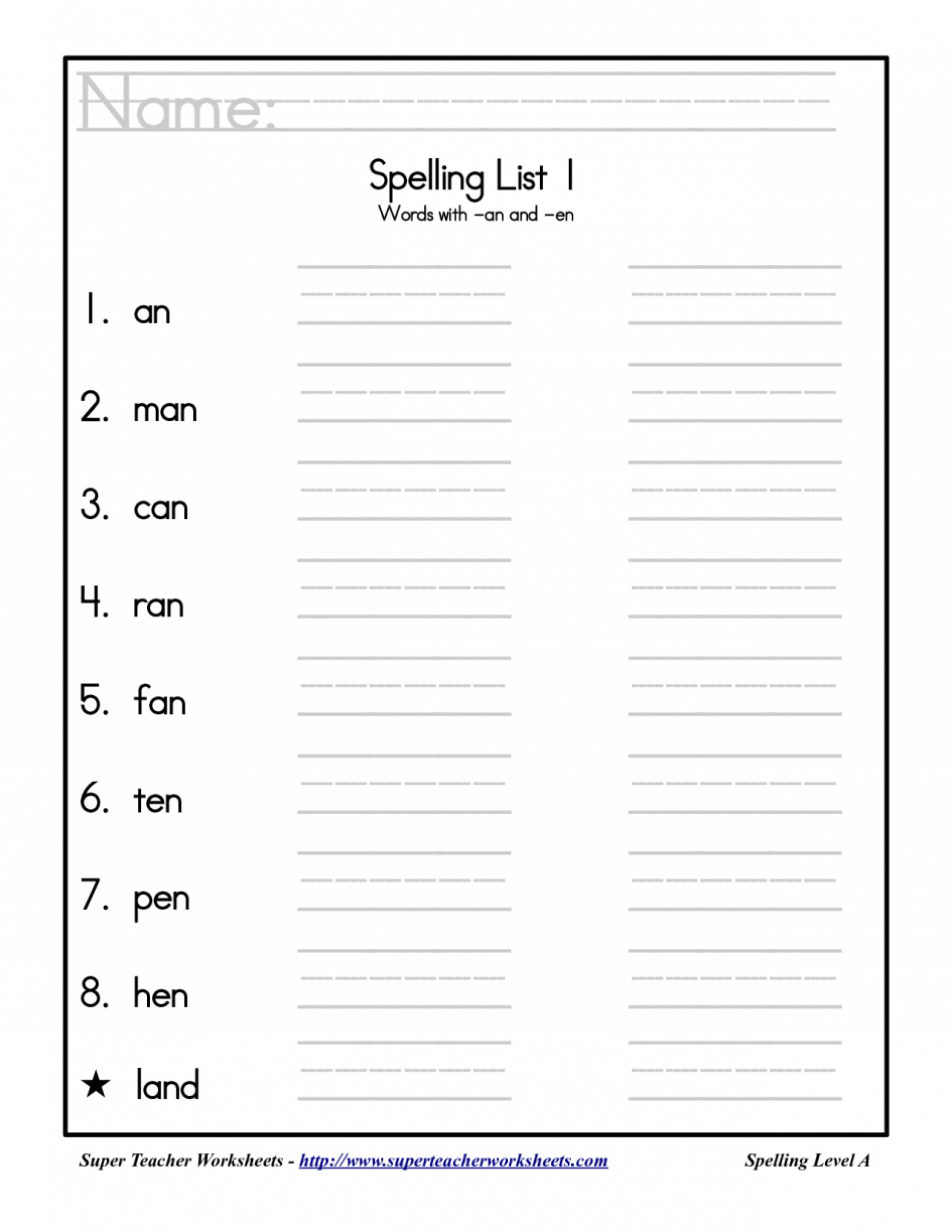 Exceptional Printable Ft Grade Spelling Words Word 1St