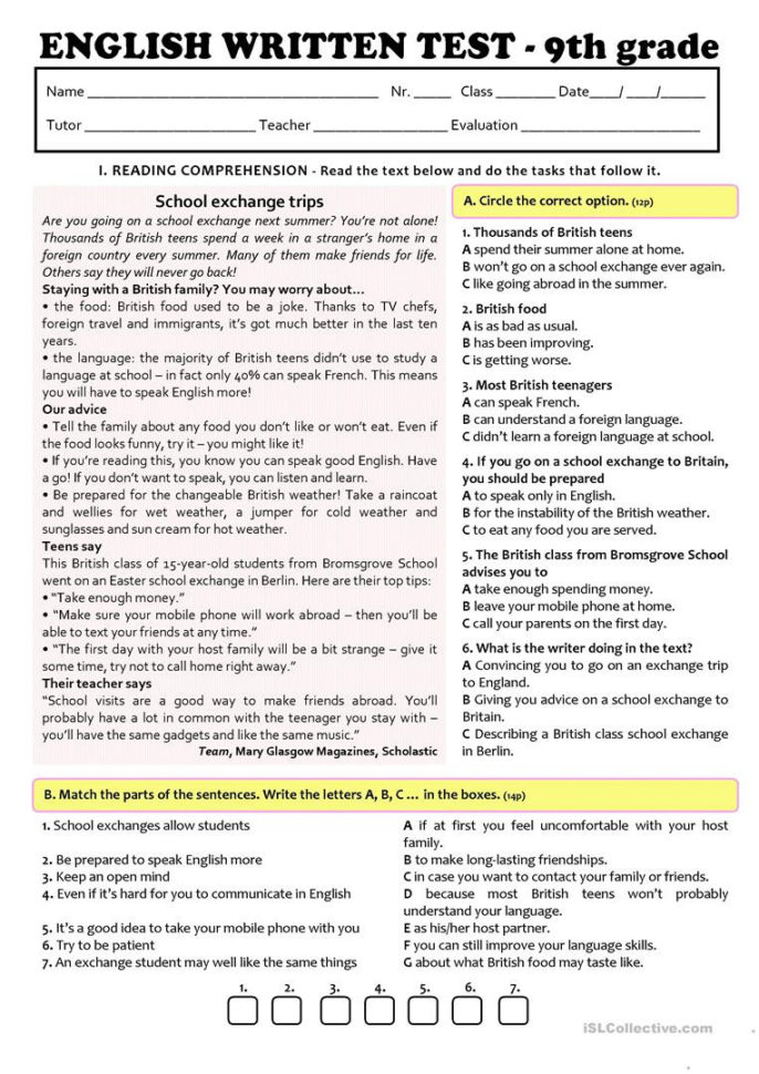 Exchange Programmes  Test A2B1 9Th Grade Version B