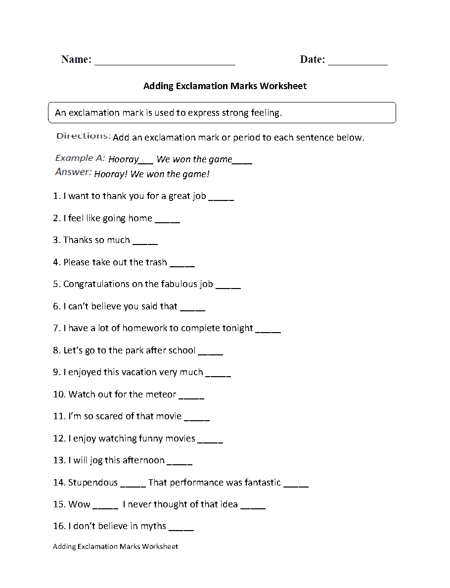 Exclamation Marks Worksheets  Adding Exclamation Mark Worksheet