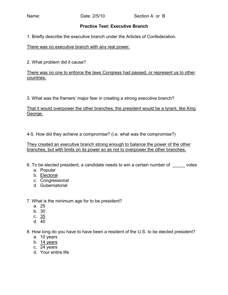 Executive Branch Practice Test Answers
