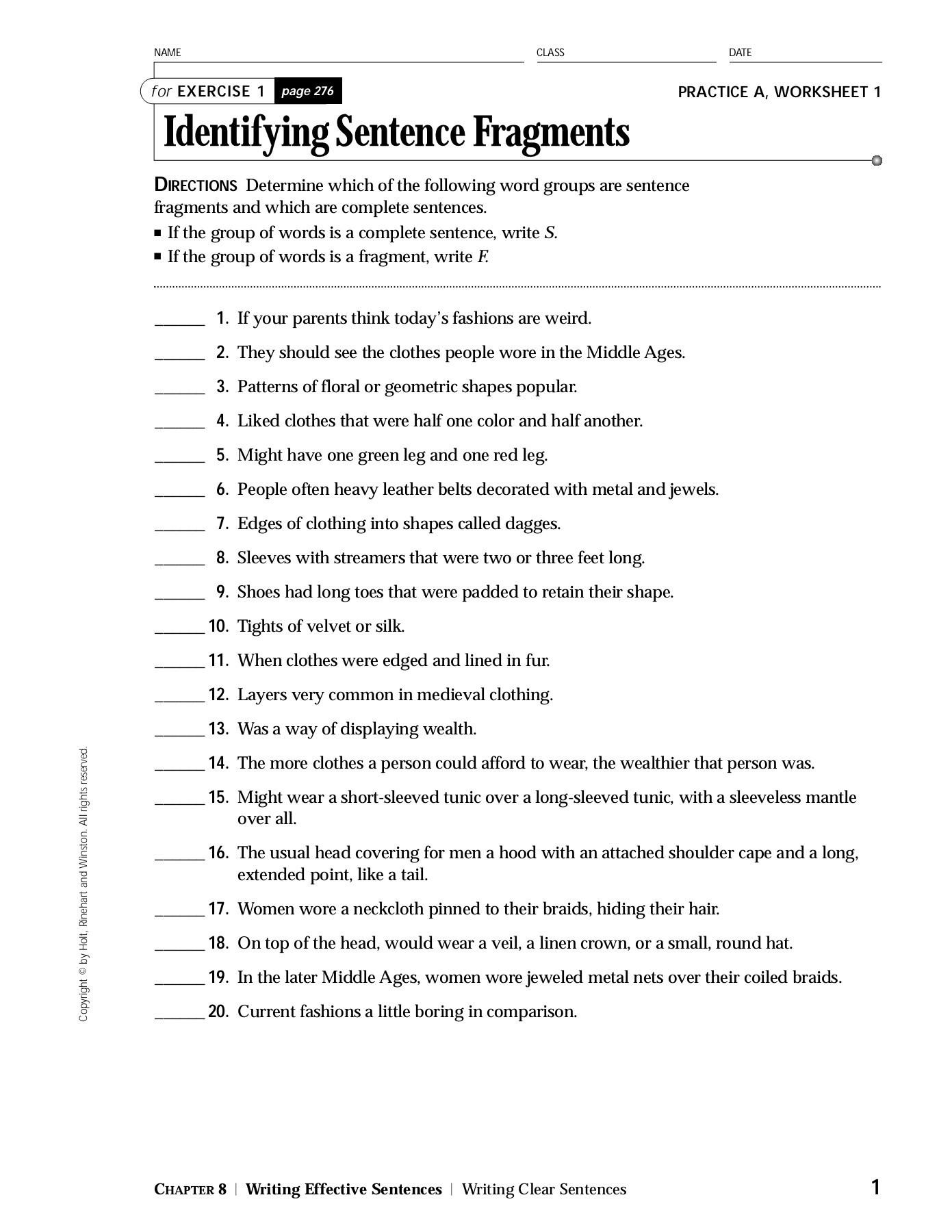 Sentences And Sentence Fragments Worksheet Answers