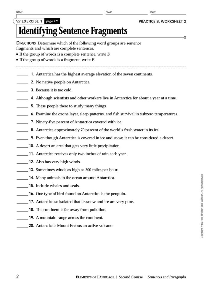 Exercise 1 Practice A Worksheet Identifying Sentence Pages 9