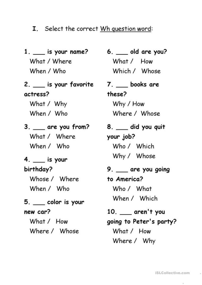 Exercises Wh Question Words  English Esl Worksheets