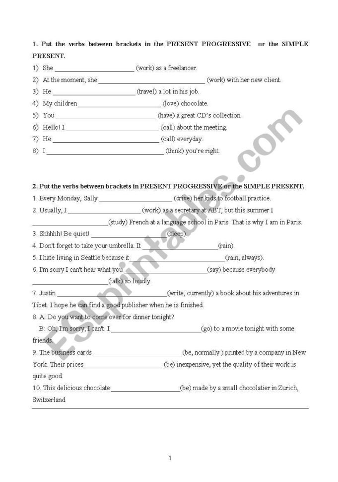 Exercises With Simple Present Present Progressive And