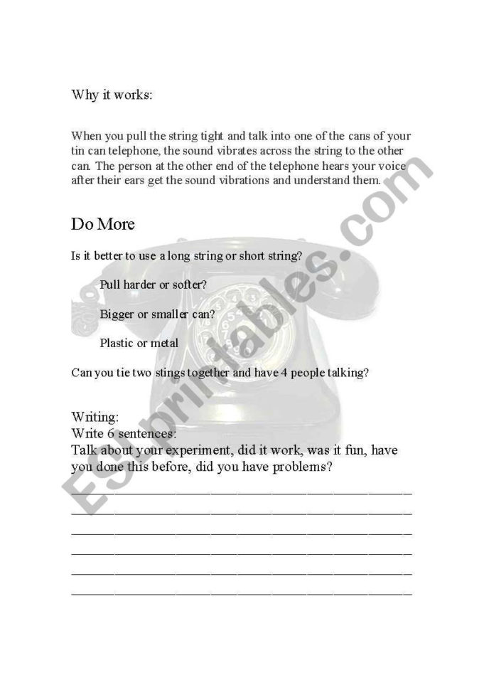 Experiment Make A Tin Can Telephone  Esl Worksheet