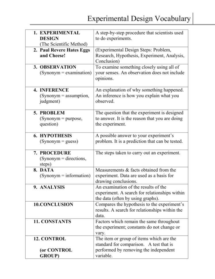Experimental Design Vocabulary
