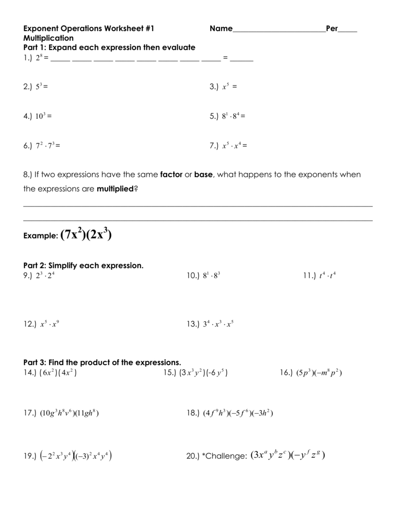 Exponent Operations Worksheet 1