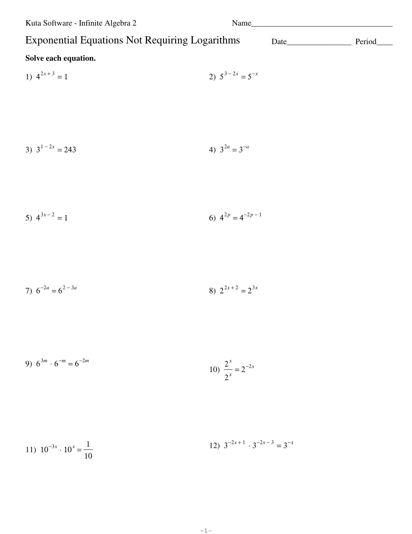 Exponential Equations Not Requiring Logarithms Practice