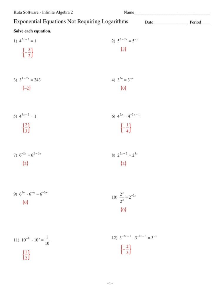 Exponential Equations Not Requiring Logarithms Practice