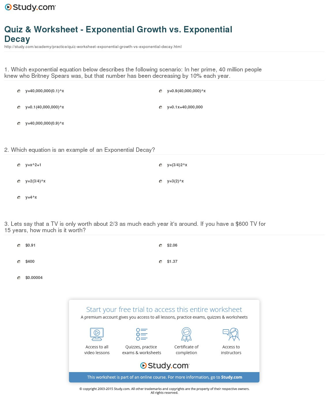 Exponential Growth And Decay Word Problems Worksheet Solving Db excel