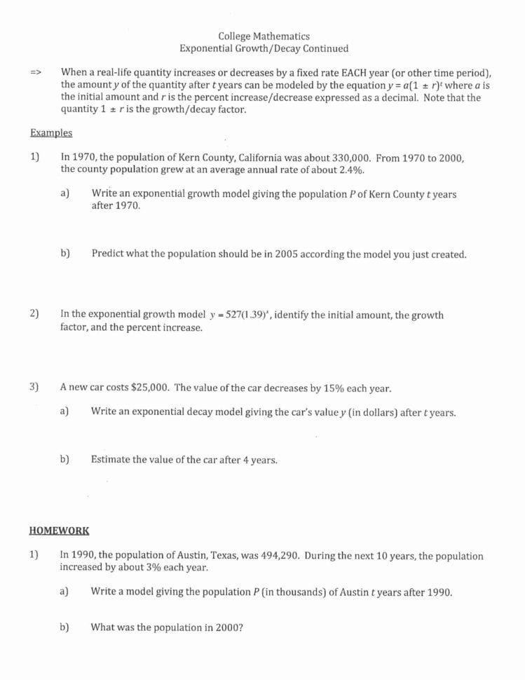 Exponential Growth And Decay Word Problems Worksheet Solving