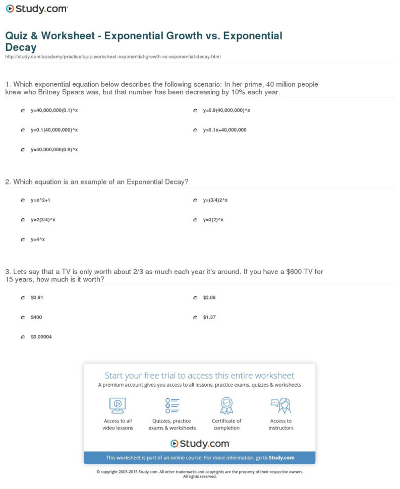 Exponential Growth And Decay Word Problems Worksheet Solving