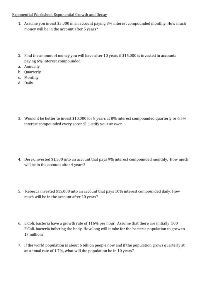 Exponential Worksheet Exponential Growth And Decay 1 Assume