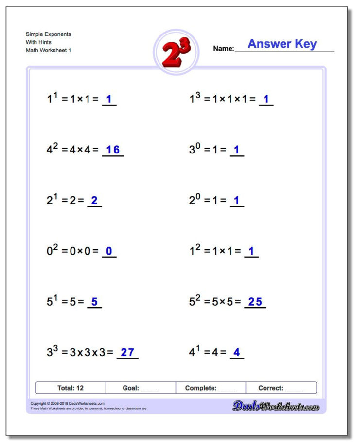 Evaluating Expressions With Exponents Worksheets