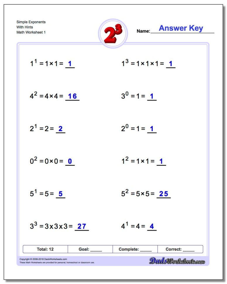 Exponents Worksheets