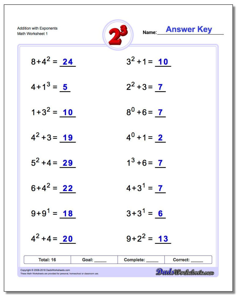 Exponents Worksheets