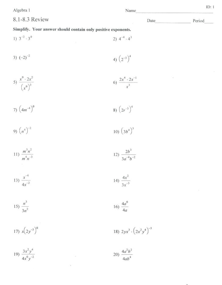 Exponent Worksheet Answers