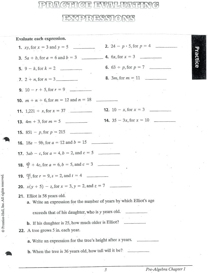 Evaluating Expressions Worksheet