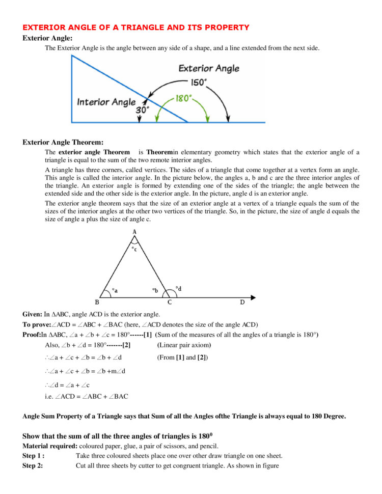Exterior Angle Of A Triangle And Its Property Worksheet — db-excel.com
