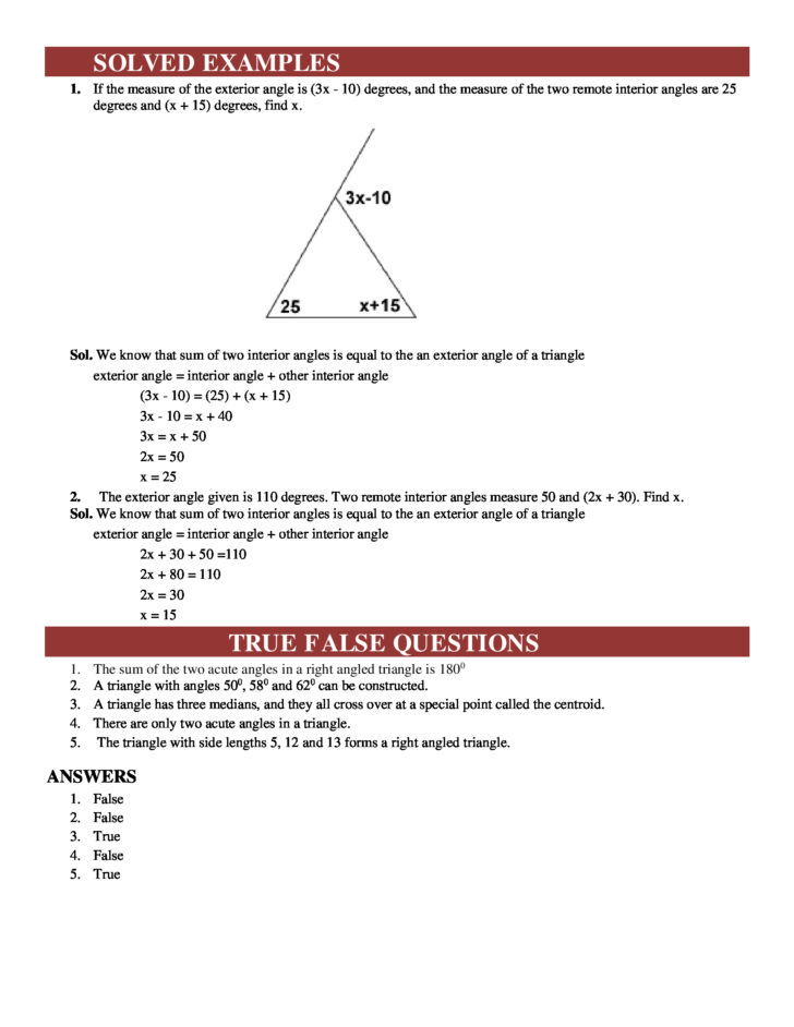 Worksheet Triangle Sum And Exterior Angle Theorem Answers