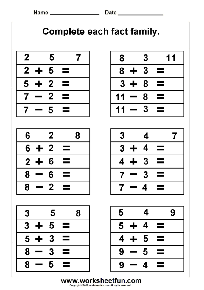 Fact Family – Complete Each Fact Family – 2 Worksheets