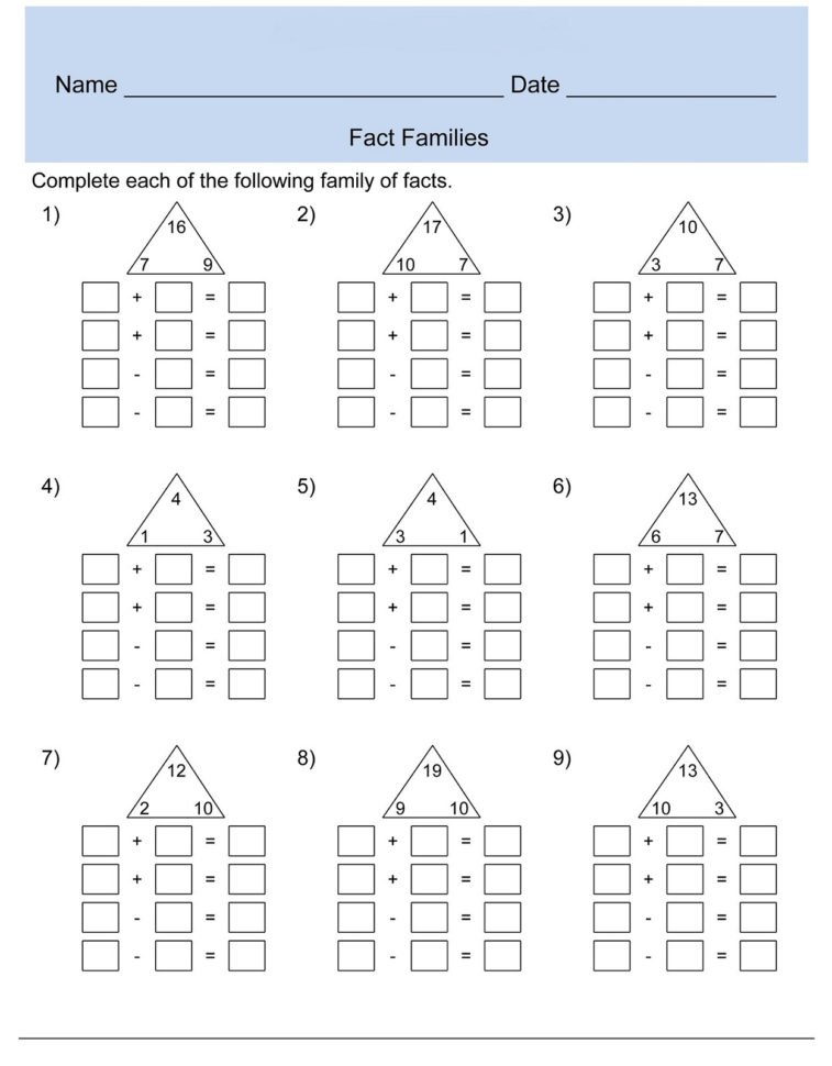 Fact Family Worksheets For Ft Grade To Free Download