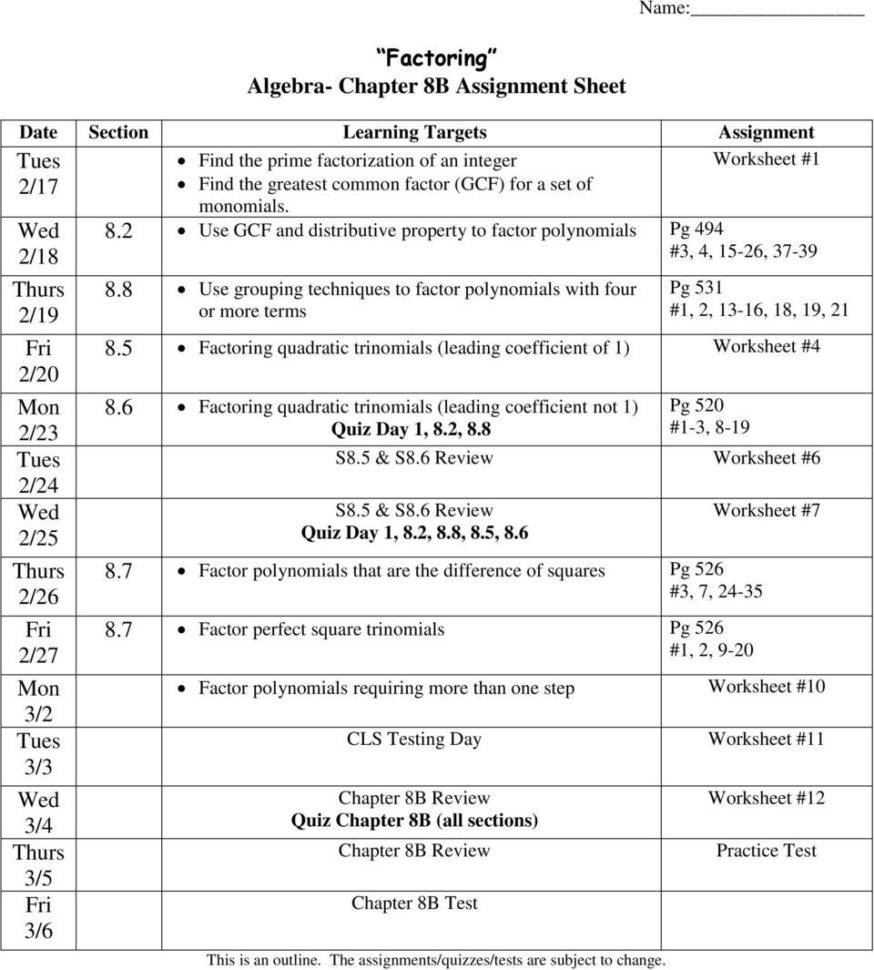 Factoring Algebra Chapter 8B Assignment Sheet  Pdf
