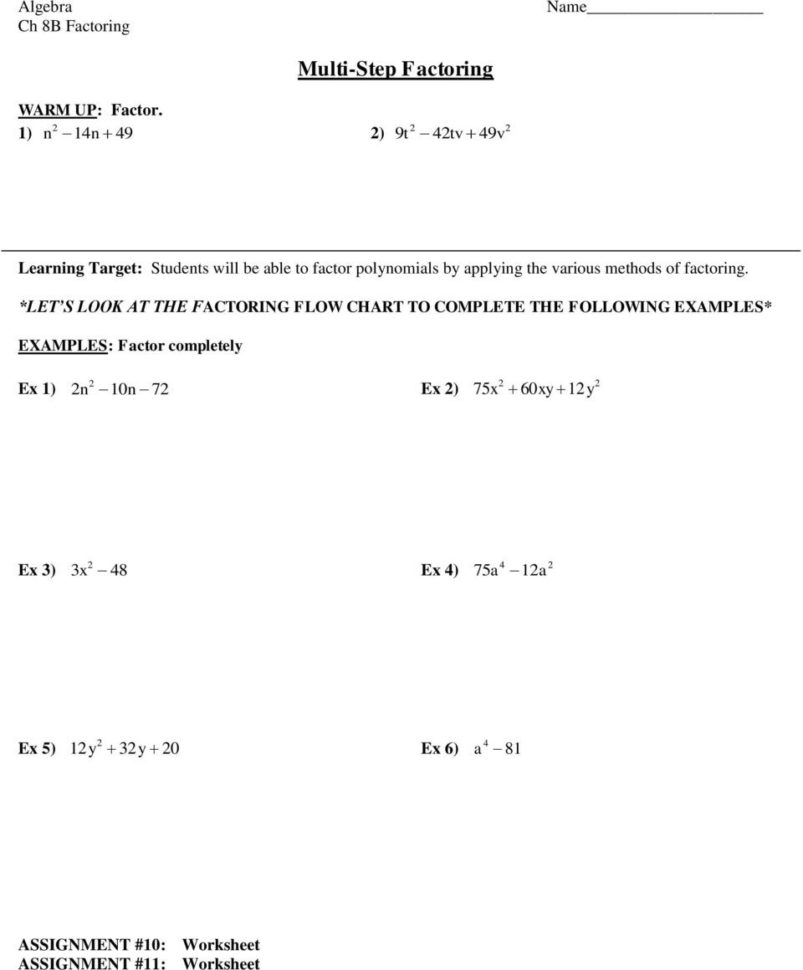 Factoring Algebra Chapter 8B Assignment Sheet  Pdf