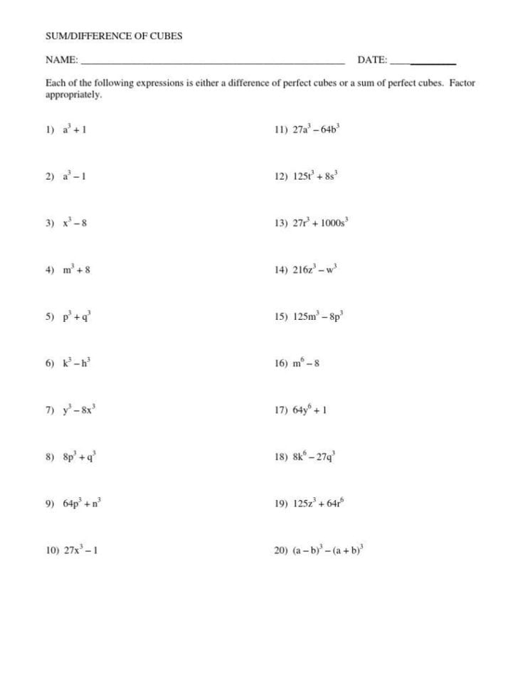 Factoring Difference Of Squares Worksheet