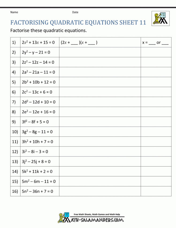 Solving Quadratic Equations By Factoring Worksheet —