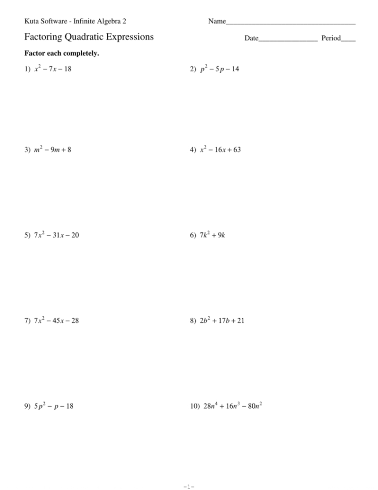 Factoring Quadratic Expressions Worksheet Answers — db-excel.com