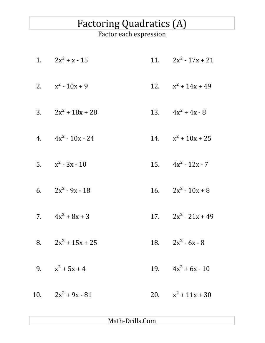 Factoring Quadratic Expressions With 'a' Coefficients Up To