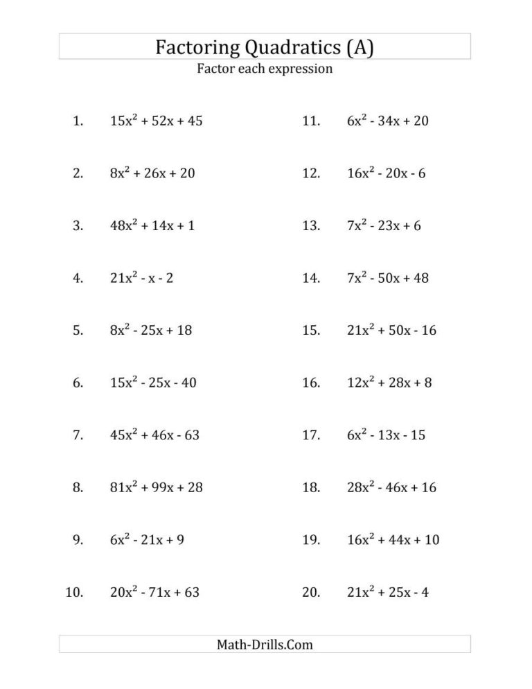 Factoring Quadratic Expressions Worksheet — Db