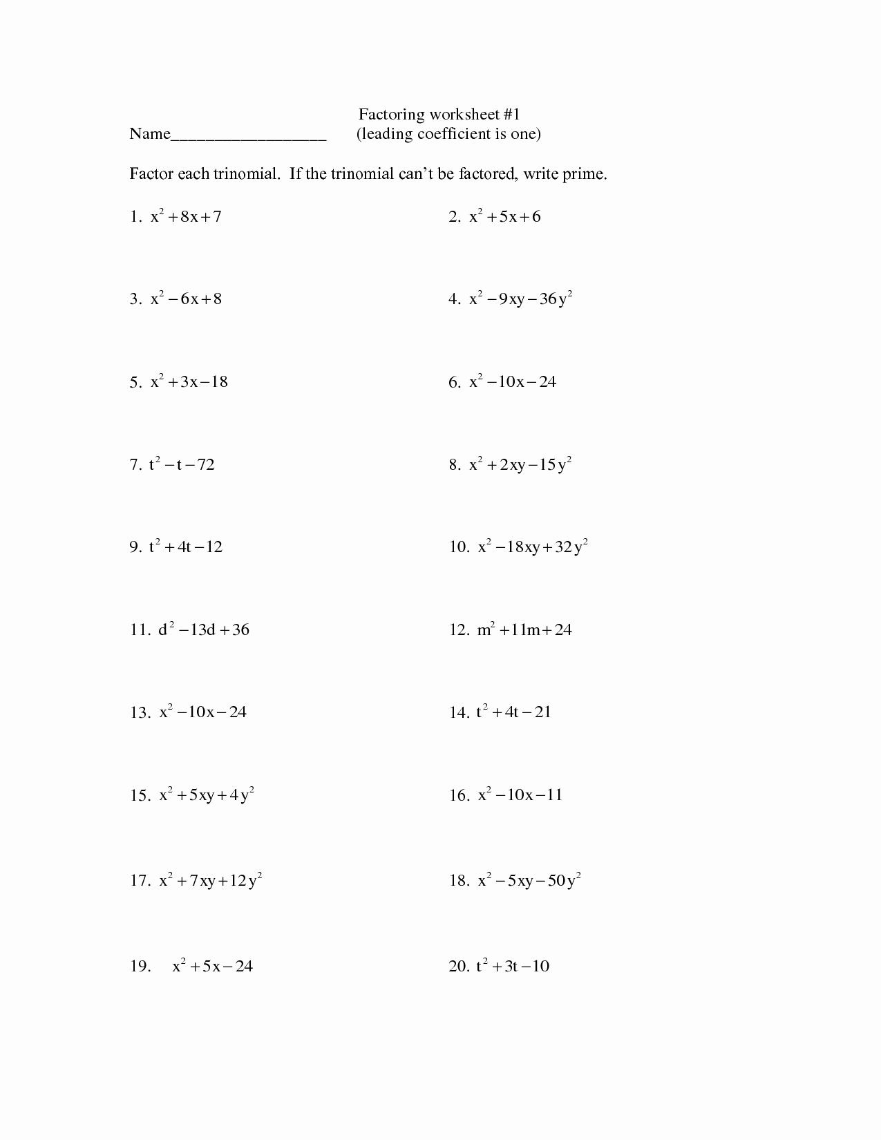 Factoring Quadratics Worksheet
