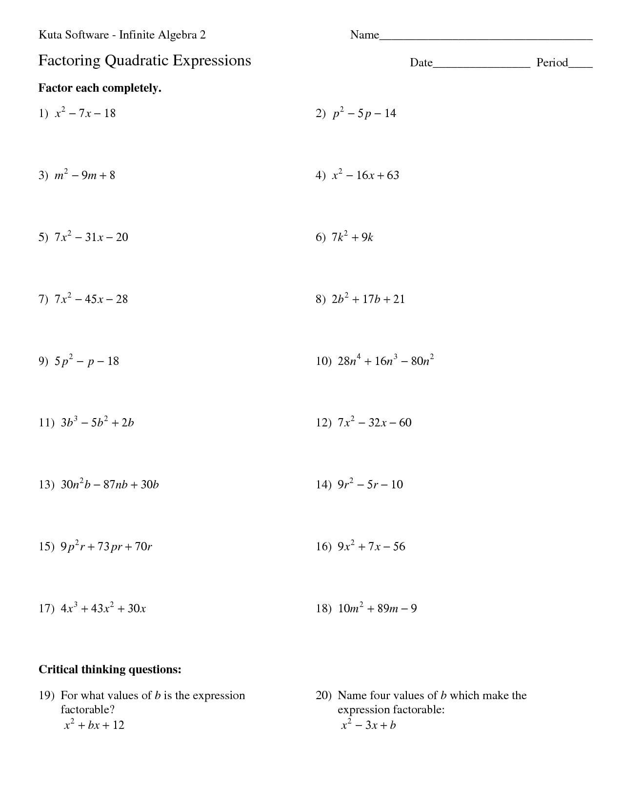 Factoring Quadratics Worksheet Answers Key Trinomials With Db excel