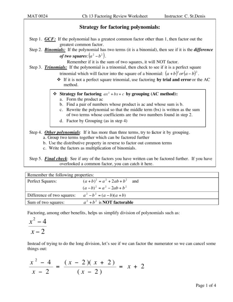 Factoring Review Worksheet