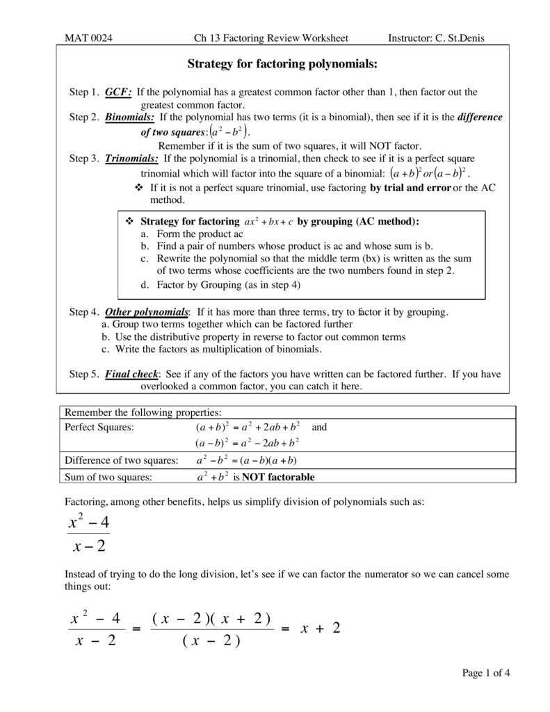 Factoring Review Worksheet