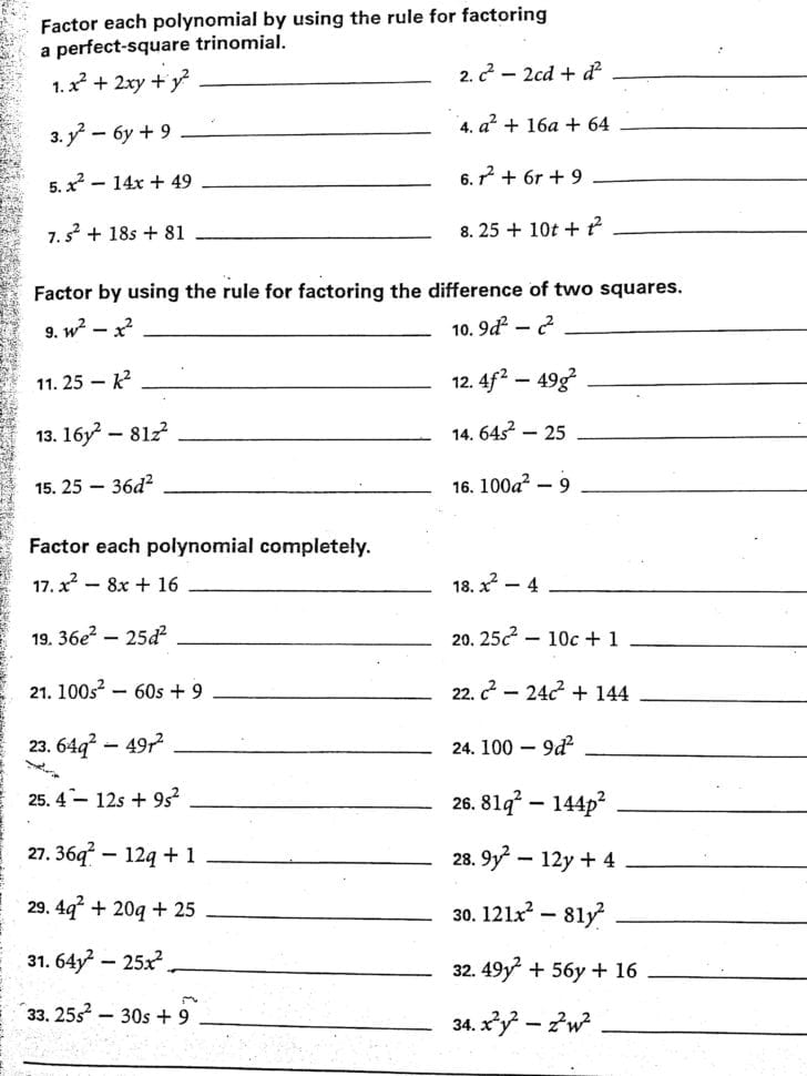 Difference Of Two Perfect Squares Worksheet