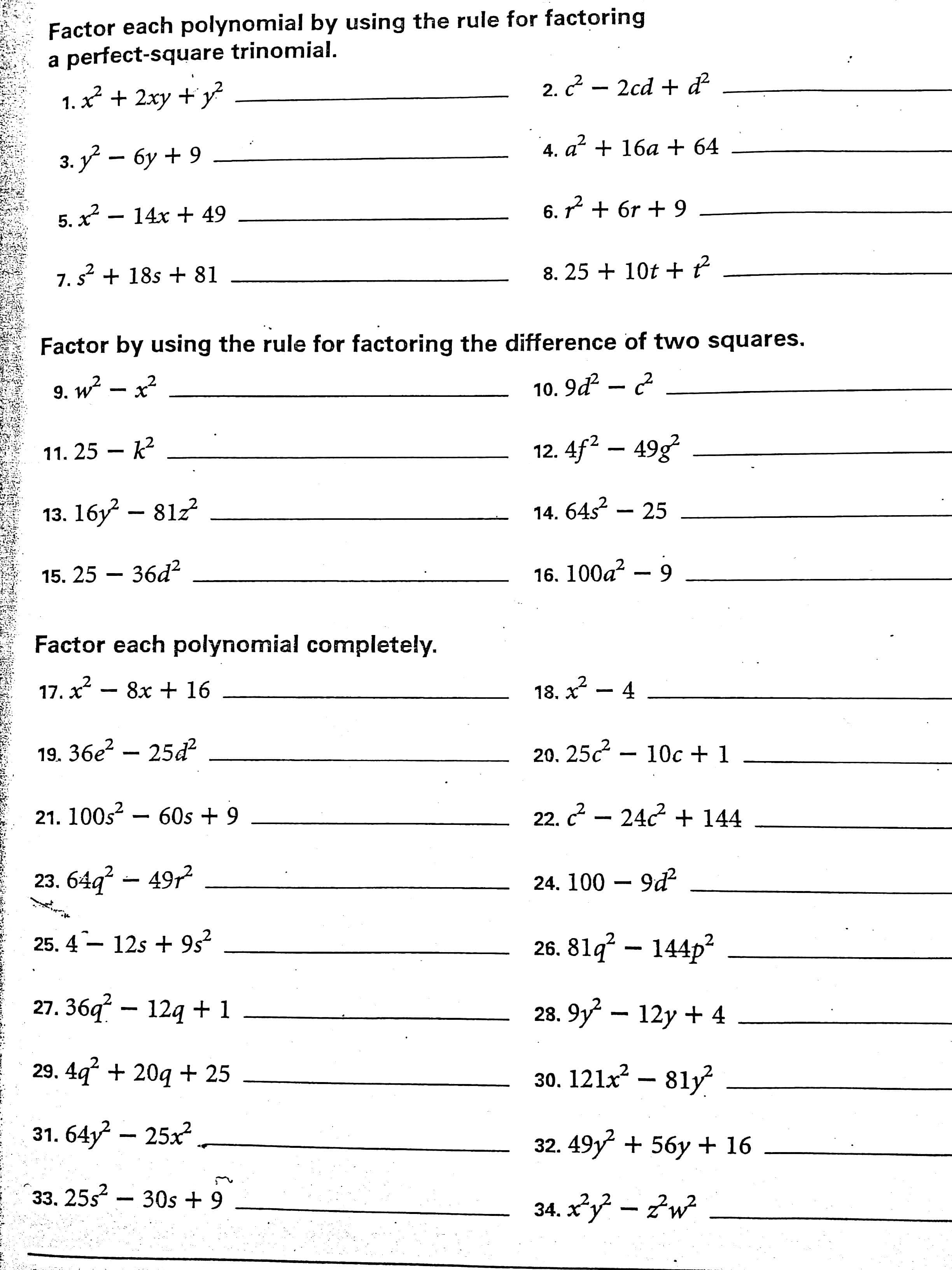 Difference Of Two Squares Worksheet