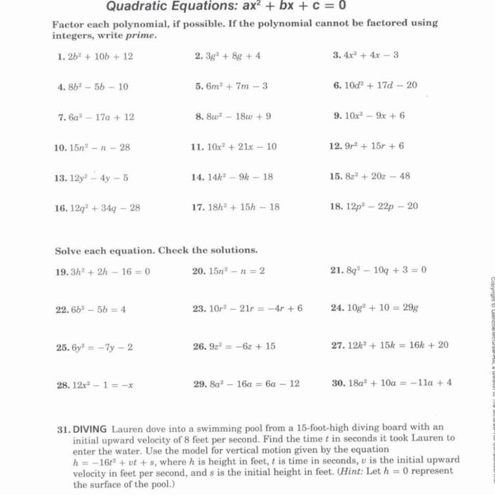 Factoring Trinomials F The Form Ax2Bxc Answers Type
