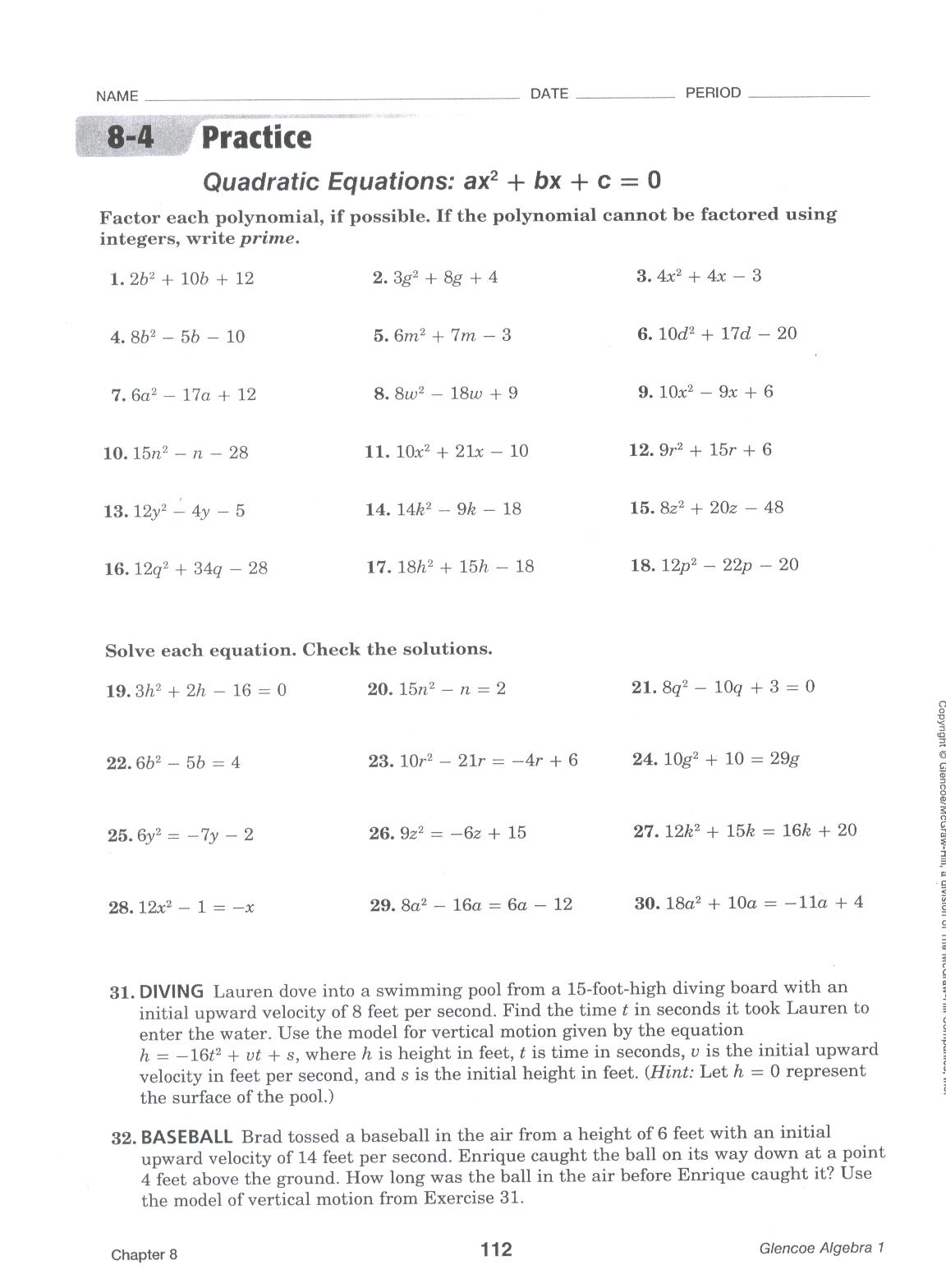 Factoring Trinomials F The Form Ax2Bxc Answers Type Worksheet Page db