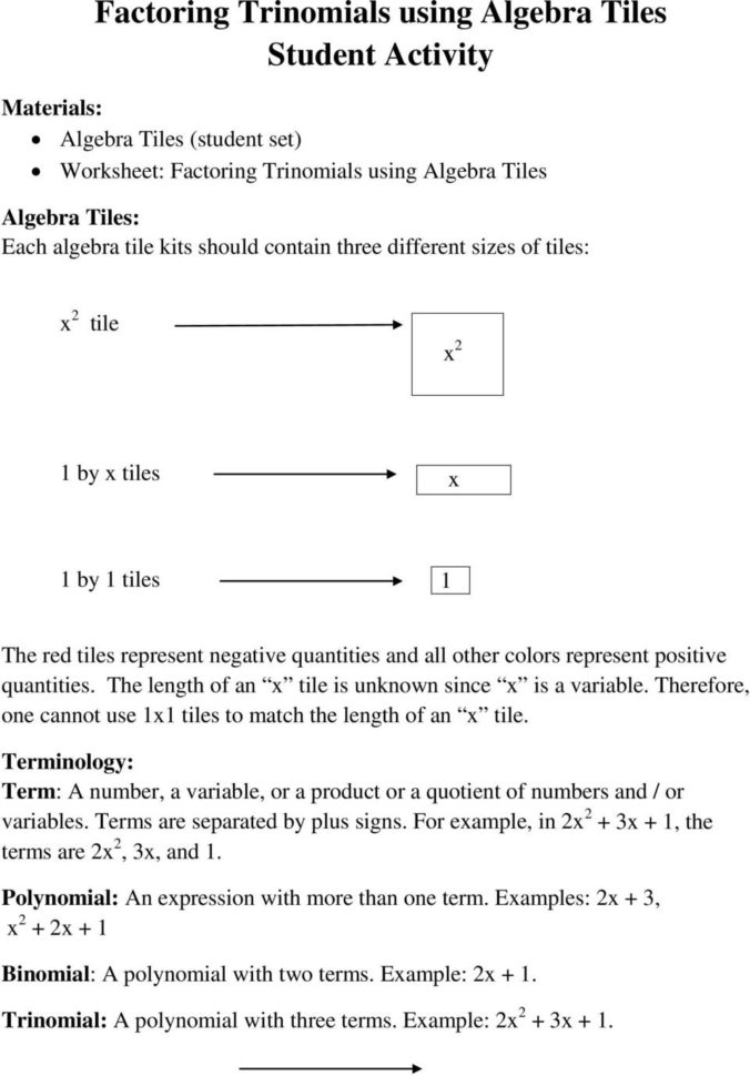 Factoring Trinomials Using Algebra Tiles Student Activity  Pdf
