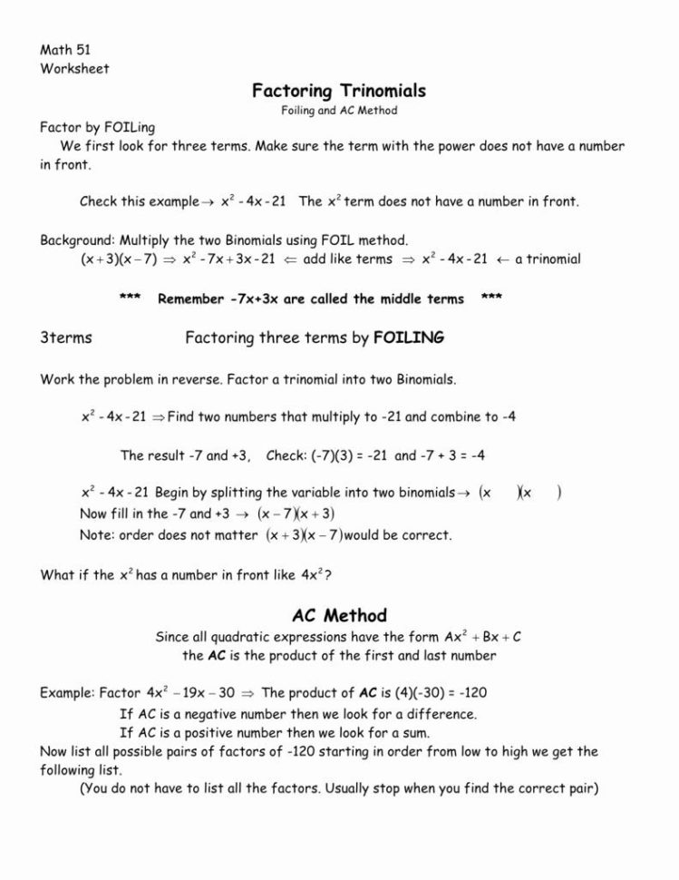 Factoring Trinomials With Leading Coefficient Worksheet